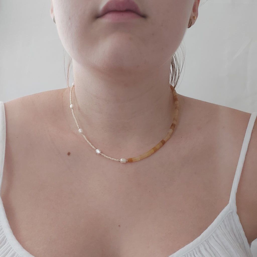 Half Honey Jade & Half Freshwater Pearl Necklace