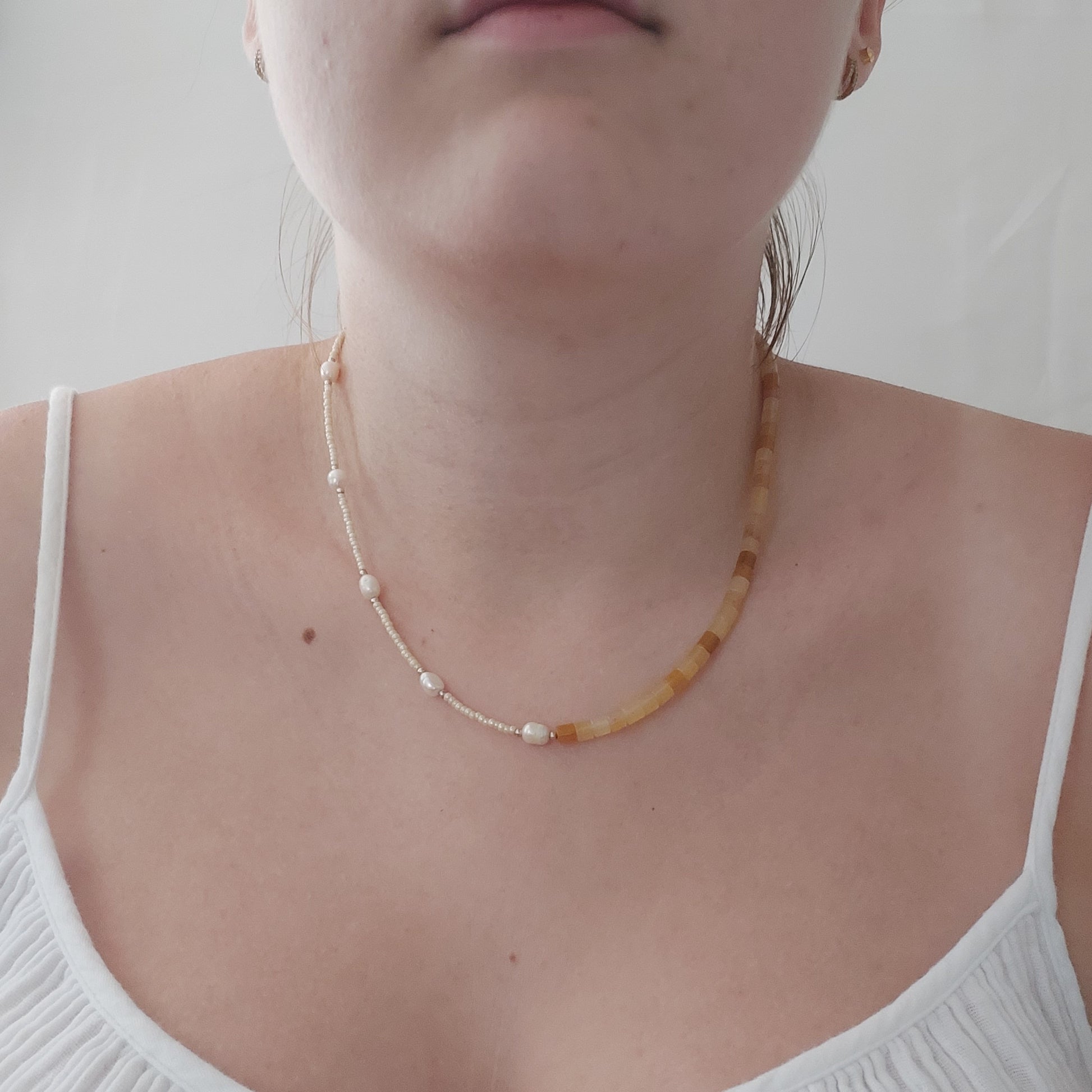 Half Honey Jade & Half Freshwater Pearl Necklace