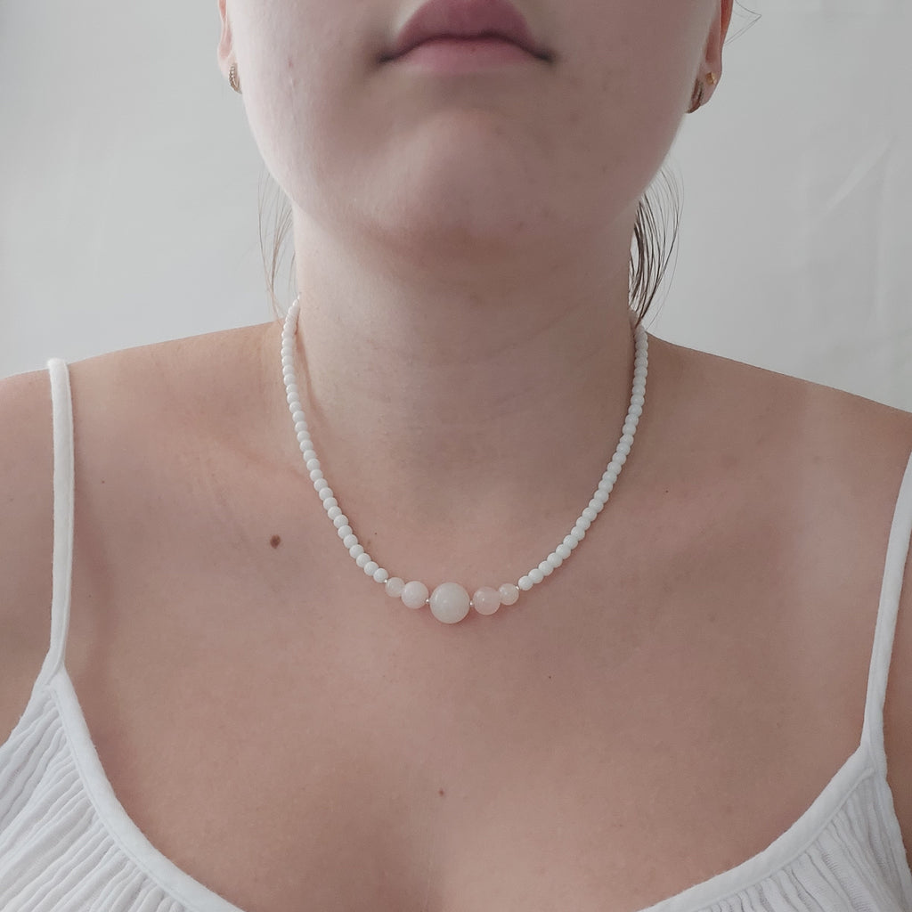 Rose Quartz & White Ceramic Chip Necklace